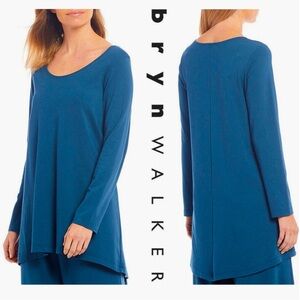 BRYN WALKER Liam Tunic Top Teal Blue Modal Ponti Long Sleeve Hi Low Oversized M